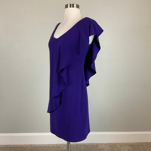 Betsy & Adam One Shoulder Beaded Cocktail Dress Purple Size 4 Ruffled Shift - Picture 5 of 13